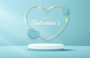 Happy valentines day and stage podium decorated with heart shape lighting. pedestal scene with for product, cosmetic, advertising, show, award ceremony, on blue background. vector design.