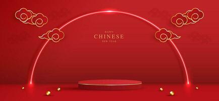 Podium stage chinese style for chinese new year and festivals or mid autumn festival with red background. mock up stage with festive lanterns and clouds. vector design.