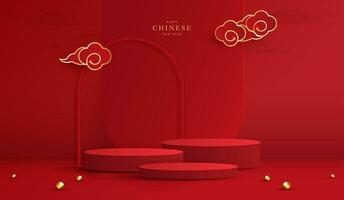 Podium stage chinese style for chinese new year and festivals or mid autumn festival with red background. mock up stage with festive lanterns and clouds. vector design.