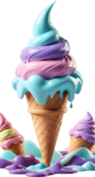 AI generated ice cream melting in a cone with colorful swirls png