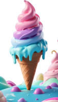 AI generated ice cream melting in a cone with colorful swirls png