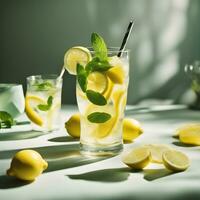 AI generated lemonade with mint leaves and lemons photo