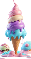 AI generated ice cream melting in a cone with colorful swirls png