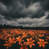 AI generated orange lilies in a field under a stormy sky photo