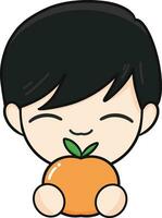 Chinese New Year, Cute Mascot Kid with Black Hair Holding Orange and Cartoon illustration.Chinese New Year, Cute Mascot Kid with Black Hair Holding Orange and Cartoon illustration. vector