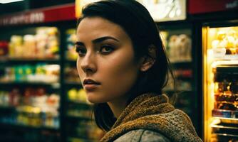 ai generado hermosa joven mujer compras en un tienda de comestibles almacenar, mirando para alimento. ai generativo foto