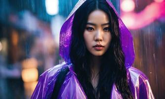 AI generated beautiful asian woman in purple raincoat walking in the city. ai generative photo