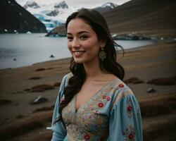 AI generated Portrait of a young woman smiling at camera in front of icebergs. ai generative photo