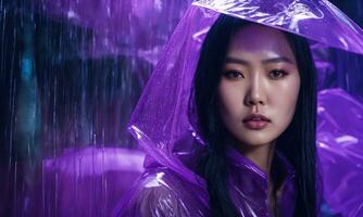 AI generated beautiful asian woman in purple raincoat walking in the city. ai generative photo