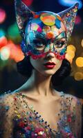 AI generated Fashion shot of a beautiful woman in a carnival mask. ai generative. ai generative photo