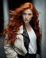 AI generated Portrait of a beautiful red-haired girl with long hair. ai generative photo