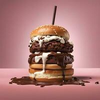 AI generated a large hamburger with chocolate and ice cream on top photo