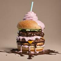 ai generado un grande hamburguesa con chocolate y hielo crema foto