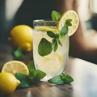 AI generated lemonade with mint leaves and lemons photo