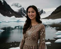 AI generated Portrait of a young woman smiling at camera in front of icebergs. ai generative photo