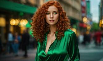 ai generado hermosa joven mujer con rojo Rizado pelo en un verde vestir en el ciudad a noche. ai generativo foto