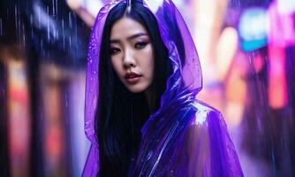 AI generated beautiful asian woman in purple raincoat walking in the city. ai generative photo