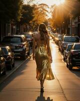 AI generated Beautiful young woman in a long yellow dress walking on the street at sunset. ai generative photo