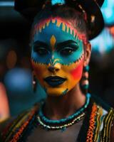 AI generated Portrait of a beautiful young woman with face art. Colorful make up. ai generative photo