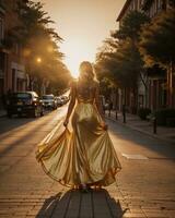 ai generado hermosa joven mujer en un largo amarillo vestir caminando en el calle a puesta de sol. ai generativo foto