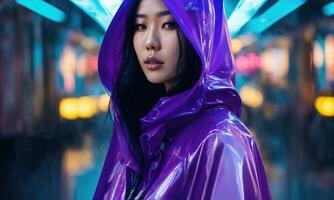 AI generated beautiful asian woman in purple raincoat walking in the city. ai generative photo