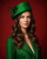 AI generated Portrait of a beautiful young woman in green coat and red hat. ai generative. ai generative photo