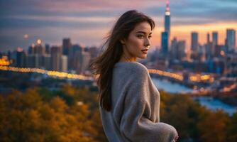 AI generated Portrait of a beautiful young woman in the city at sunset. ai generative photo