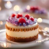 AI generated a small cake with raspberries and cream on top photo