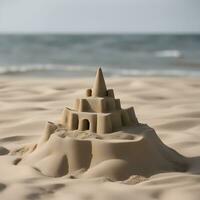 ai generado un arena castillo se sienta en el playa foto