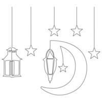 Continuous one line art drawing of ramadan kareem with lantern and star, moon outline art vector