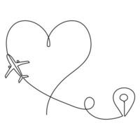 Continuous single line drawing love airplane route romantic vacation travel hearted plane path, simple outline vector illustration