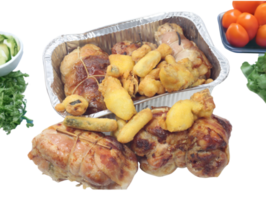 AI generated mixed chicken kebabs with fried battered vegetables png