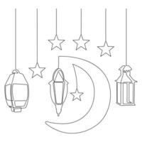 continuo uno línea Arte dibujo de Ramadán kareem con linterna y estrella, Luna contorno Arte vector