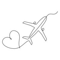 Continuous single line drawing love airplane route romantic vacation travel hearted plane path, simple outline vector illustration