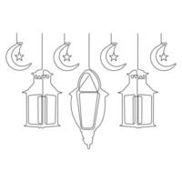 Continuous one line art drawing of ramadan kareem with lantern and star, moon outline art vector