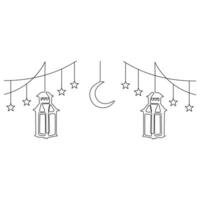 Continuous one line art drawing of ramadan kareem with lantern and star, moon outline art vector