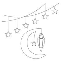 Continuous one line art drawing of ramadan kareem with lantern and star, moon outline art vector
