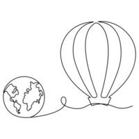 Continuous one line art drawing hot air balloon air transport for travel Hand drawn vector illustration.