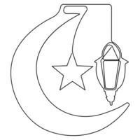 Continuous one line art drawing of ramadan kareem with lantern and star, moon outline art vector