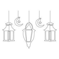 Continuous one line art drawing of ramadan kareem with lantern and star, moon outline art vector