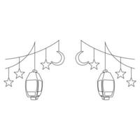 Continuous one line art drawing of ramadan kareem with lantern and star, moon outline art vector