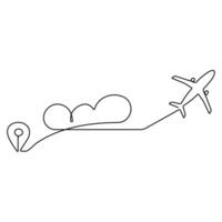 Continuous single line drawing love airplane route romantic vacation travel hearted plane path, simple outline vector illustration