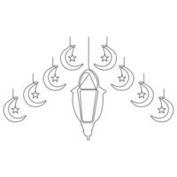 Continuous one line art drawing of ramadan kareem with lantern and star, moon outline art vector