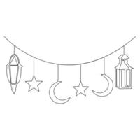 Continuous one line art drawing of ramadan kareem with lantern and star, moon outline art vector