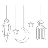 continuo uno línea Arte dibujo de Ramadán kareem con linterna y estrella, Luna contorno Arte vector