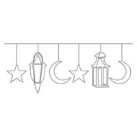 Continuous one line art drawing of ramadan kareem with lantern and star, moon outline art vector