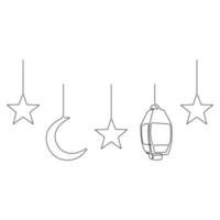 Continuous one line art drawing of ramadan kareem with lantern and star, moon outline art vector