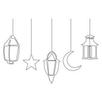 continuo uno línea Arte dibujo de Ramadán kareem con linterna y estrella, Luna contorno Arte vector