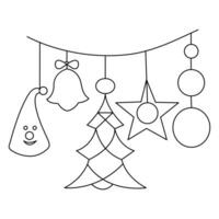 Continuous line art hanging christmas gift box star love hat bell and sock decoration vector