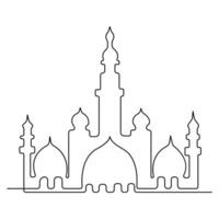 Continuous one line art drawing of masajid islamic ornament sketch outline art vector illustration.